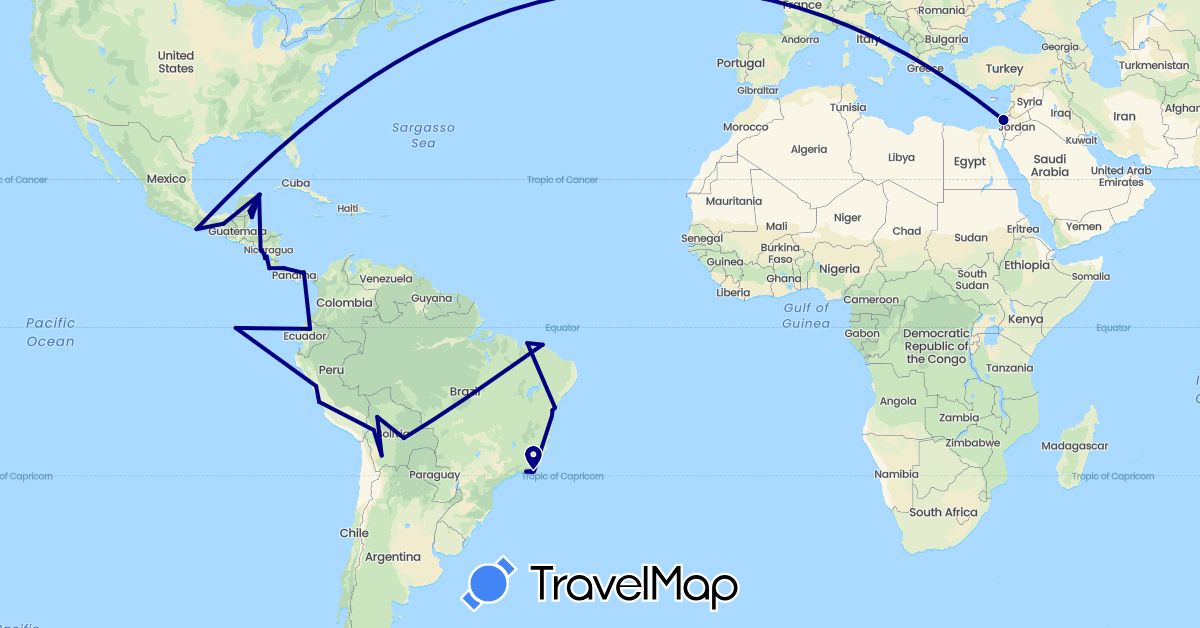 TravelMap itinerary: driving in Bolivia, Brazil, Belize, Costa Rica, Ecuador, Israel, Mexico, Nicaragua, Panama, Peru (Asia, North America, South America)